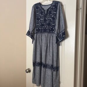 Elegant Mexican (chiapas) Blue Hand Embroidered Dress